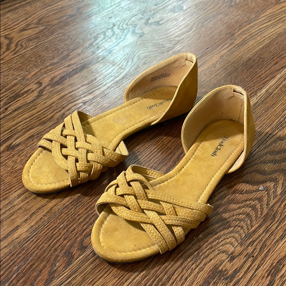 Modcloth Mustard Yellow Suede Sandals with Woven Detail 9
